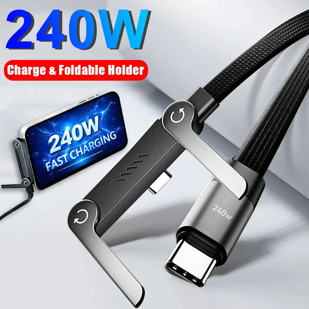 240W Elbowed Type-C Cable Foldable Phone Holder For iPhone 17 16 Pro Max Cable for Macbook pro Fast Charge Wire for Huawei ipad