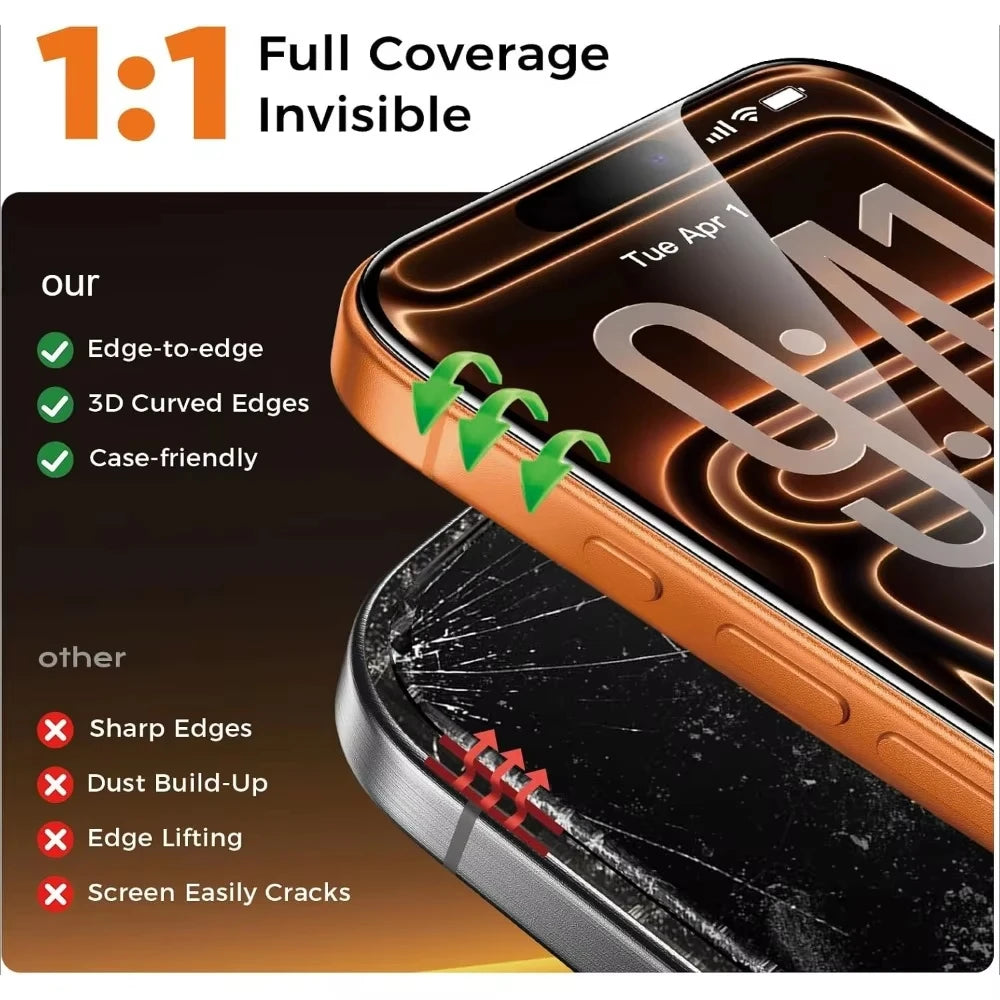 1-3PCS 8K Easy Install Screen Protector For iPhone 17 16 13 Pro Max 11 15 14 Air 16e 12 Mini XR X Xs 7 8 Plus Tempered Glass