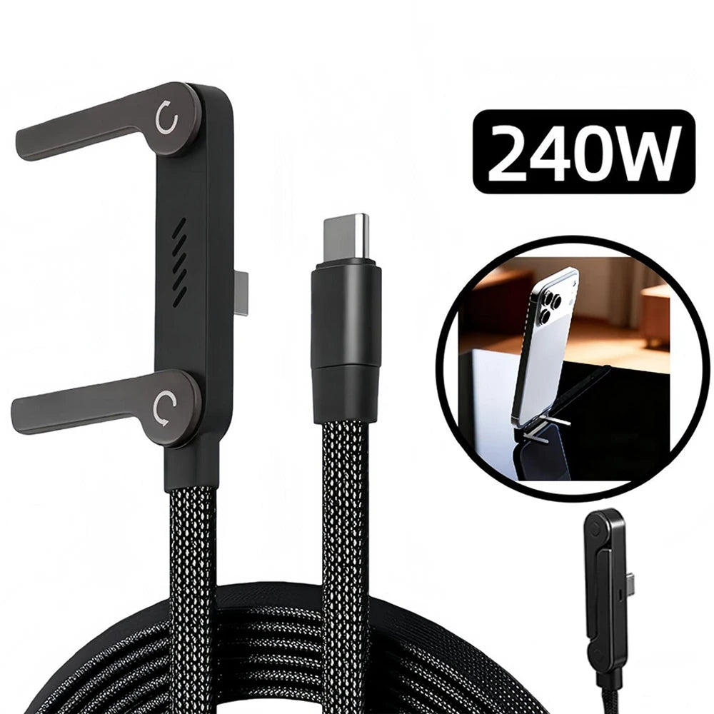 240W Elbowed Type-C Cable Foldable Phone Holder For iPhone 17 16 Pro Max Cable for Macbook pro Fast Charge Wire for Huawei ipad